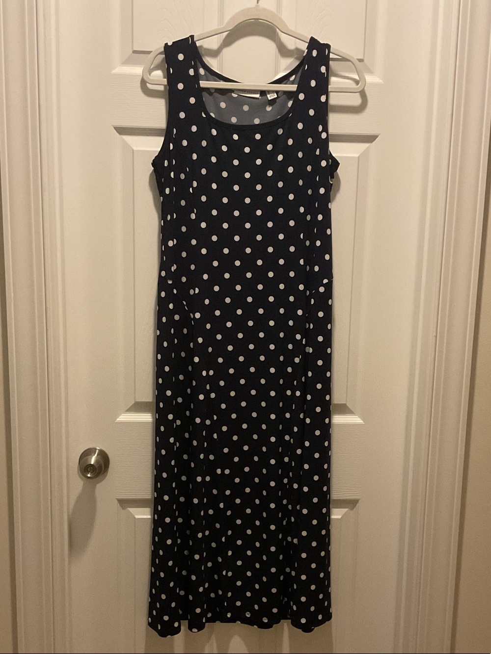 Susan Graver Navy and White Polka Dot Sleeveless Maxi Dress